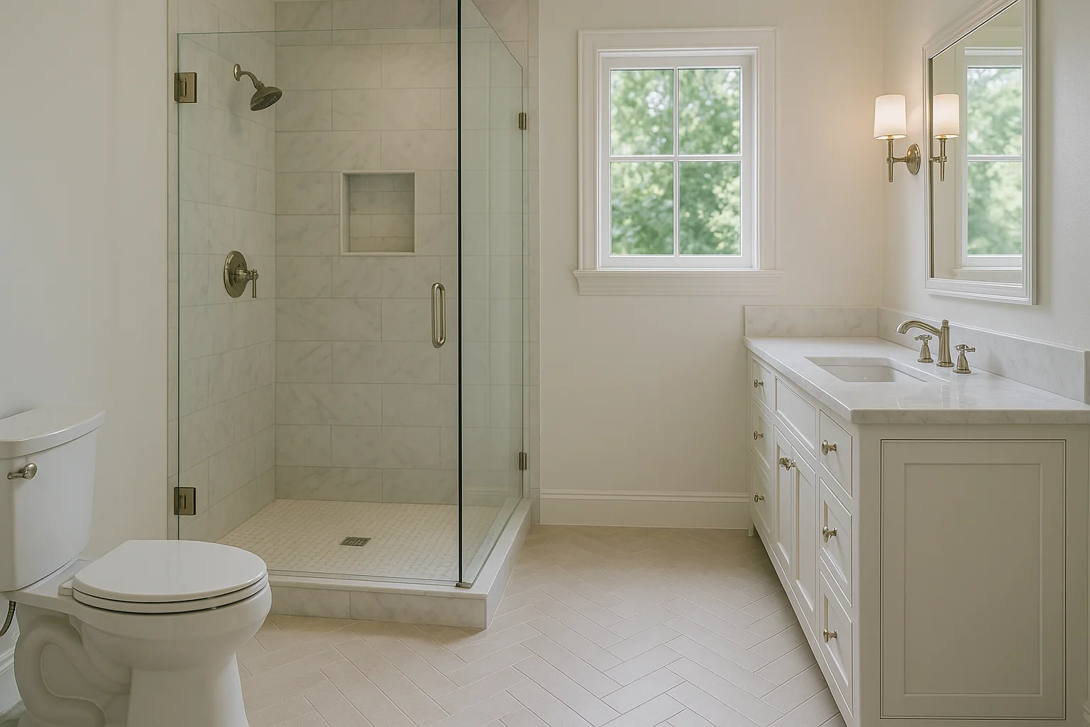 Remodeled modern bathroom in a Lake Oswego home with tile and refined fixtures