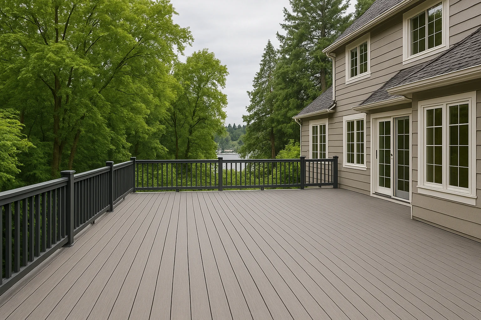 New backyard deck on a Lake Oswego home with composite boards and wooded greenery