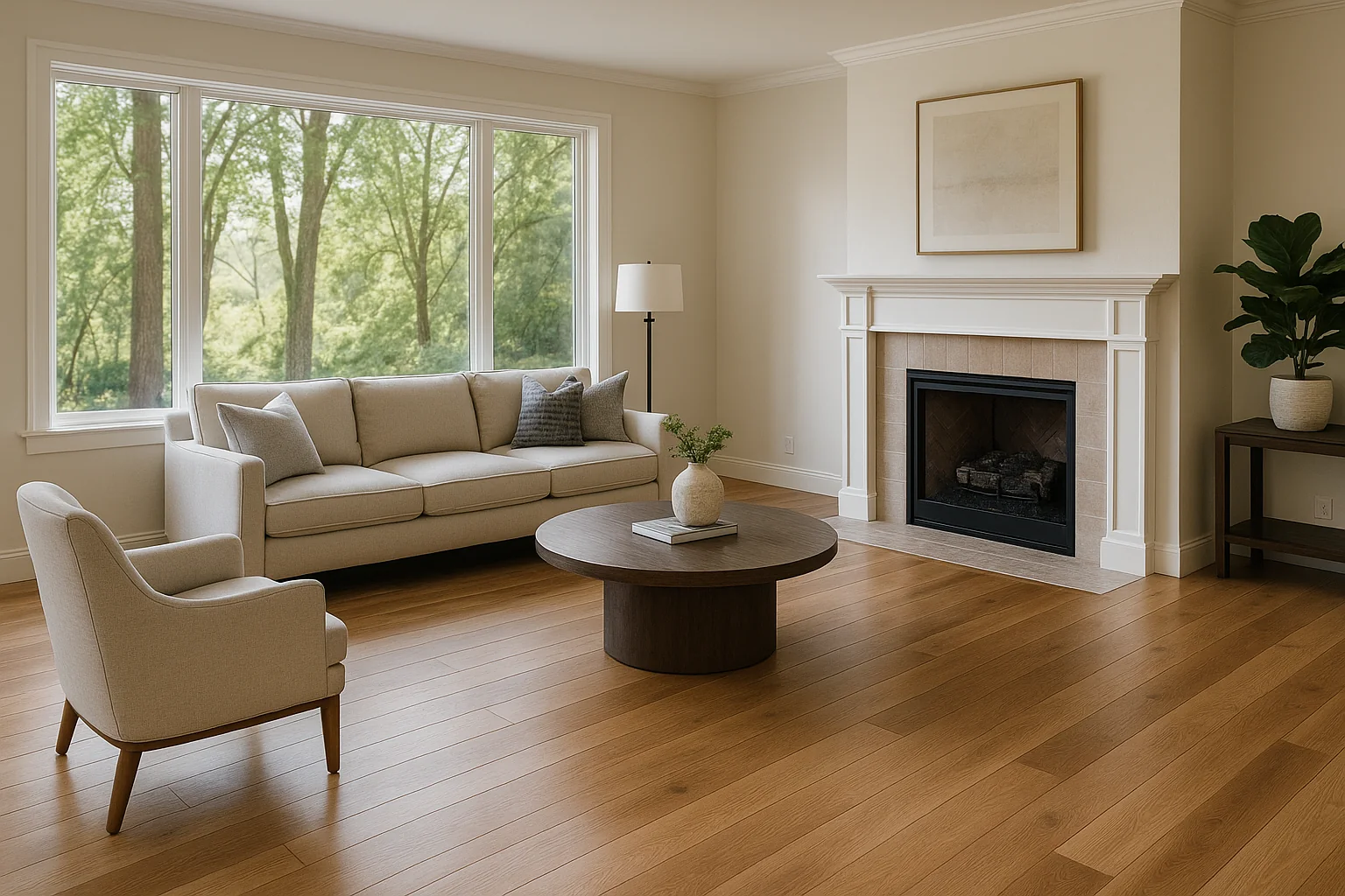 New hardwood flooring in a refined Lake Oswego living space
