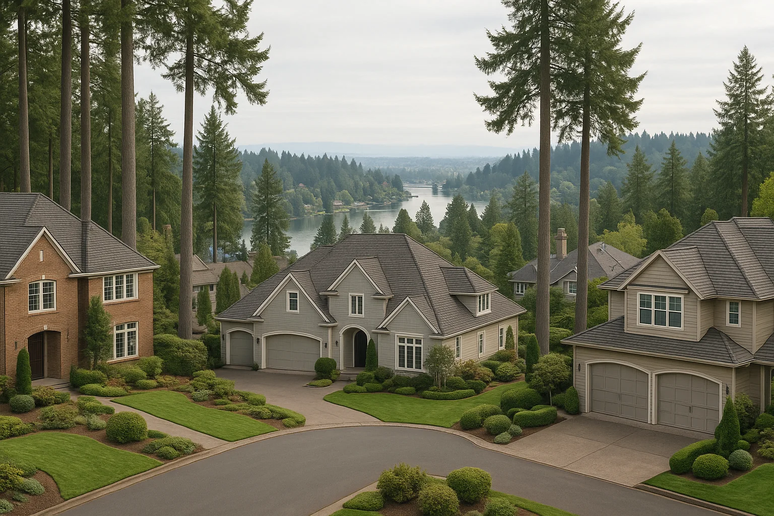 Wooded Lake Oswego neighborhood above Oswego Lake in soft morning light