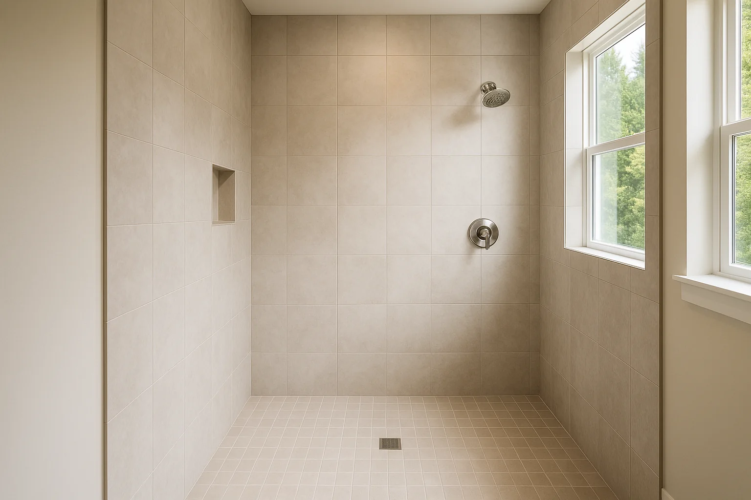 Newly tiled walk-in shower in a refined Lake Oswego bathroom
